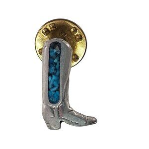 Vintage Cowboy Boot Lapel Pin Turquoise Blue Inlay Silver Toned